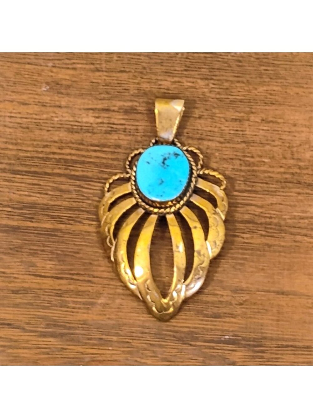 Vtg Native Signed Hand Stamped Brass & Turquoise Pendant Large 2.5" Long